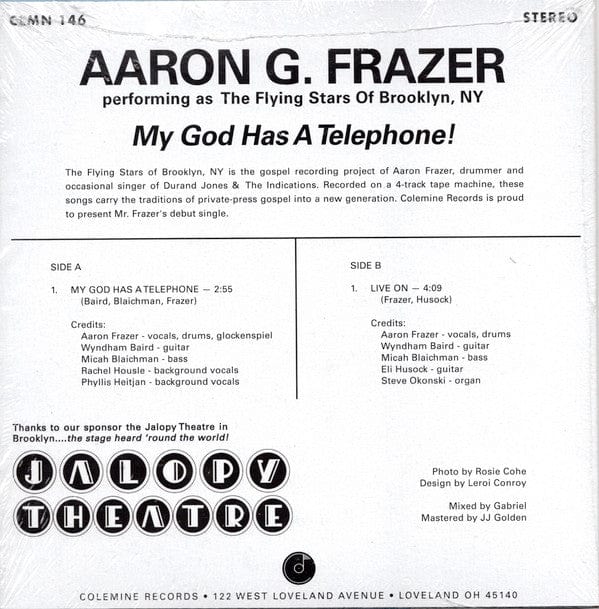 Aaron Frazer – My God Has A Telephone (7", Picture Sleeve, Colemine Records, 2020) Back Cover