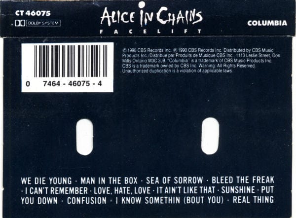 Alice In Chains – Facelift (Cassette, Columbia, 1990) Back Cover