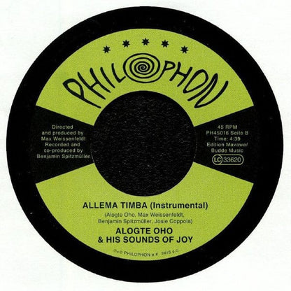 Alogte Oho & His Sounds of Joy - Allema Timba  (7") Philophon Vinyl
