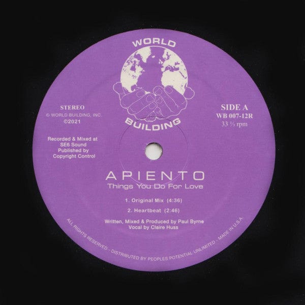 Apiento - Things You Do For Love (12") on World Building at Further Records