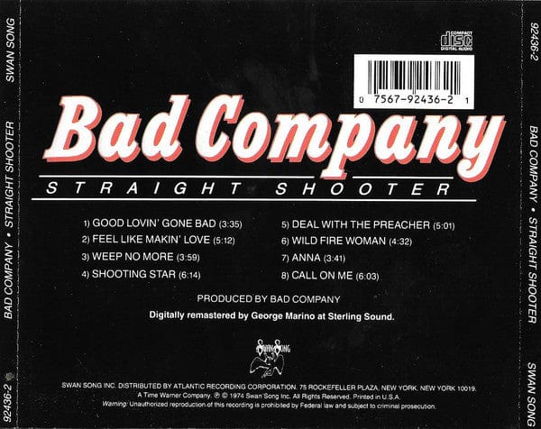 Bad Company (3) - Straight Shooter (CD) Swan Song CD 075679243621