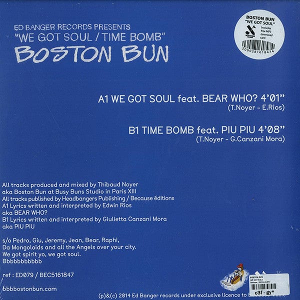Boston Bun - We Got Soul / Time Bomb (12") Ed Banger Records, Because Music Vinyl 5060281618474