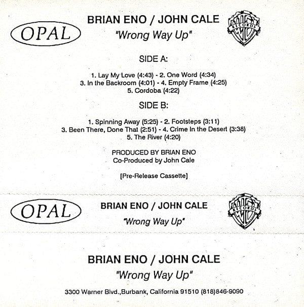 Brian Eno & John Cale - Wrong Way Up (Cassette) Opal Records Cassette