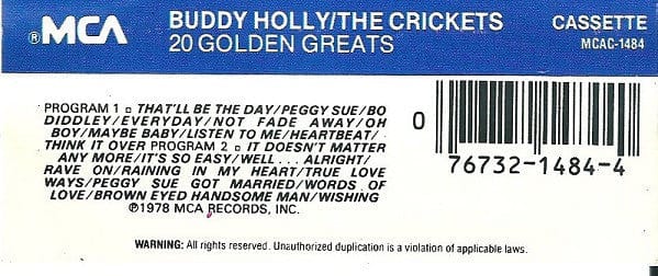 Buddy Holly & The Crickets (2) - 20 Golden Greats (Cassette) MCA Records,MCA Records Cassette 07673214844