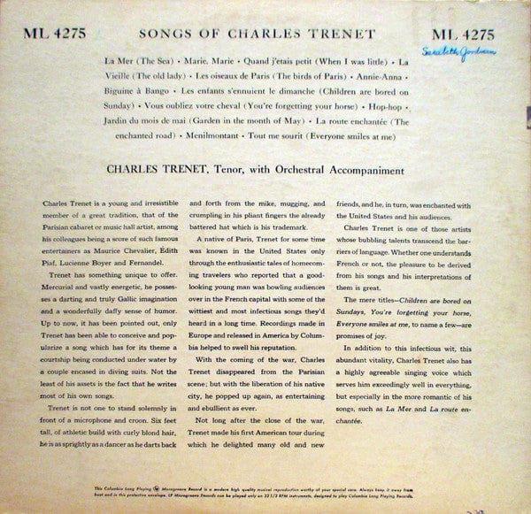 Charles Trenet - Songs Of Charles Trenet on Columbia Masterworks at Further Records