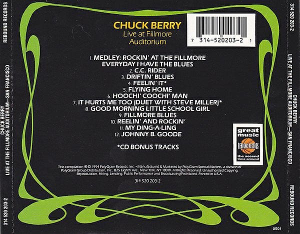 Chuck Berry - Live At The Fillmore Auditorium - San Francisco (CD) Rebound Records (2) CD 731452020321