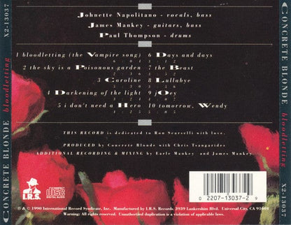 Concrete Blonde – Bloodletting (CD, I.R.S. Records, 1990) Back Cover