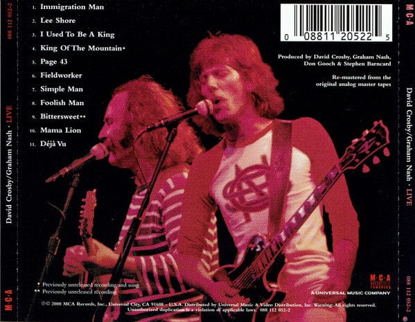 Crosby-Nash – Live (CD, MCA Records, 2000) Back Cover