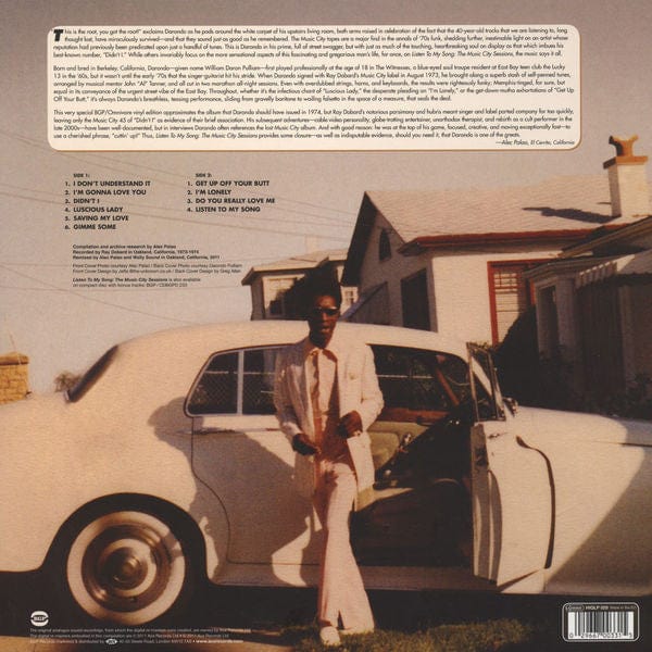 Darondo – Listen To My Song: The Music City Sessions (LP, White Marbled, 180g, BGP Records, 2011) Back Cover