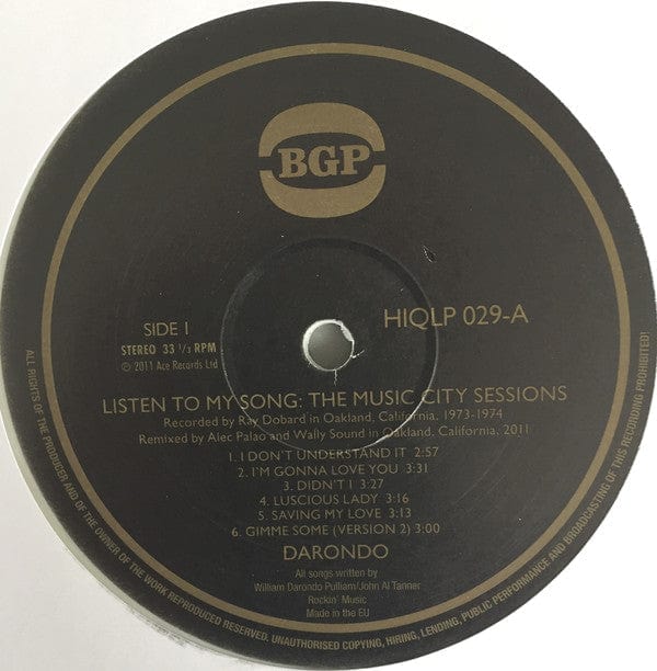 Darondo – Listen To My Song: The Music City Sessions (LP, White Marbled, 180g, BGP Records, 2011) Image 4