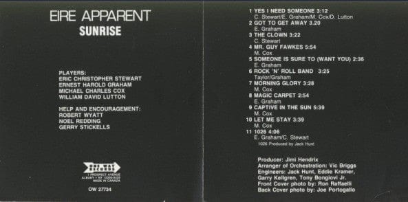 Eire Apparent – Sunrise (CD, One Way Records, 1993) Back Cover