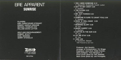 Eire Apparent – Sunrise (CD, One Way Records, 1993) Back Cover