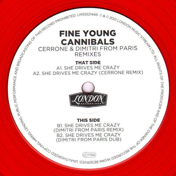 Fine Young Cannibals - She Drives Me Crazy (Cerrone & Dimitri from Paris Remixes) (12") London Music Stream Vinyl 5060555214494