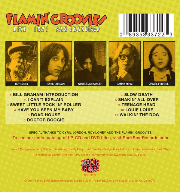 Flamin' Groovies – Live 1971 San Francisco (CD, RockBeat Records, 2017) Back Cover