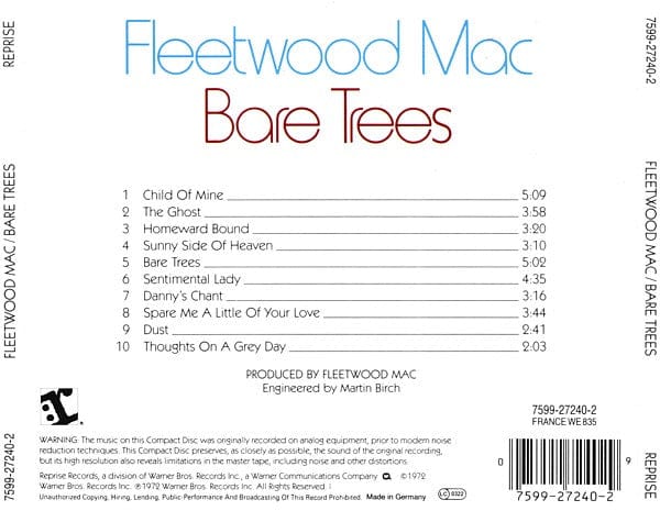 Fleetwood Mac – Bare Trees (CD, Reprise Records) Back Cover