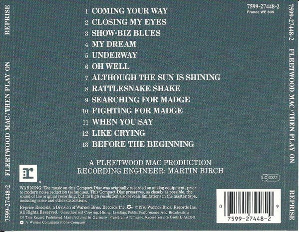 Fleetwood Mac – Then Play On (CD, Reprise Records) Back Cover