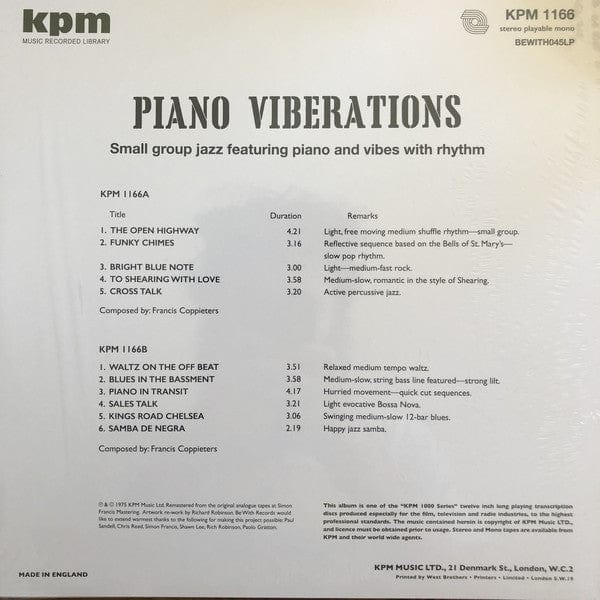 Francis Coppieters - Piano Viberations (LP) Be With Records Vinyl 4260544825958