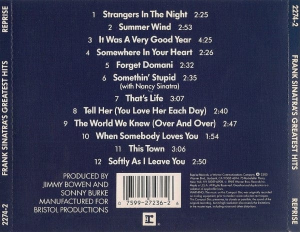 Frank Sinatra - Frank Sinatra's Greatest Hits! (CD) Reprise Records CD 075992723626