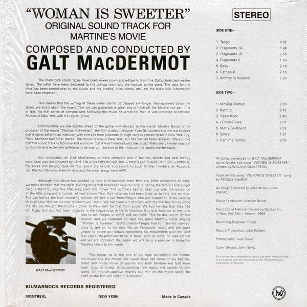 Galt MacDermot - Woman Is Sweeter - Original Soundtrack Recording (LP) Kilmarnock Vinyl