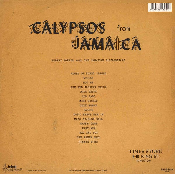 Hubert Porter with The Jamaican Calypsonians - Calypsos From Jamaica (LP) Dub Store Records Vinyl 4571179532297