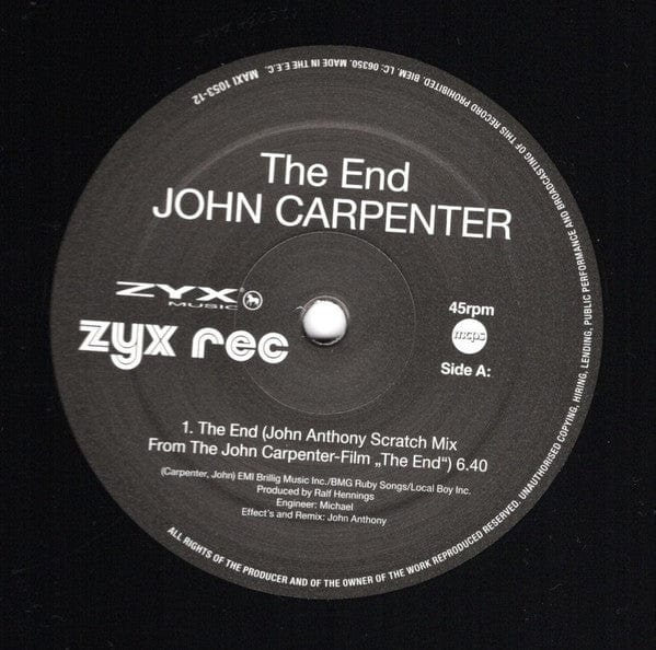 John Carpenter - The End (12") ZYX Music, ZYX Records Vinyl 194111008106