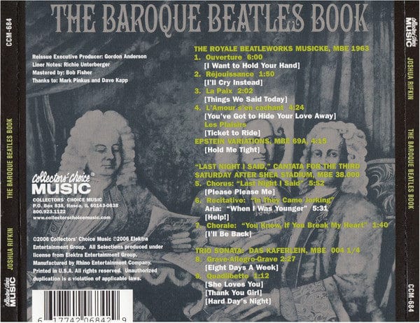 Joshua Rifkin - The Baroque Beatles Book (CD) Collectors' Choice Music CD 617742068429