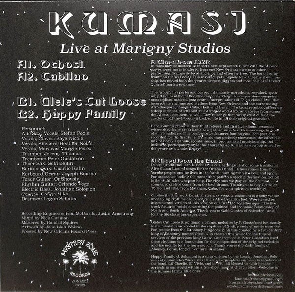 Kumasi – Live at Marigny Studios (LP, Mystery Zone Records, 2021) Back Cover