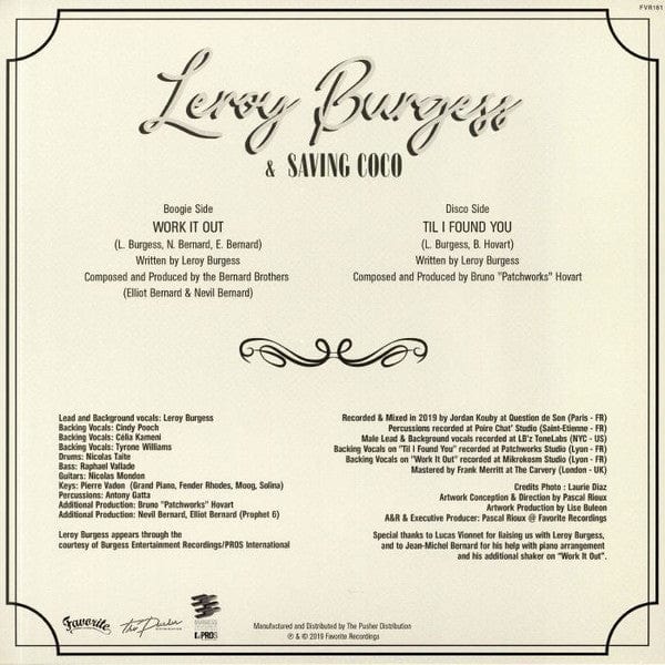 Leroy Burgess Saving Coco – Work It Out / Til I Found You (12", Favorite Recordings, 2019) Back Cover