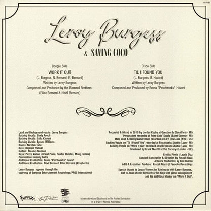 Leroy Burgess Saving Coco – Work It Out / Til I Found You (12", Favorite Recordings, 2019) Back Cover