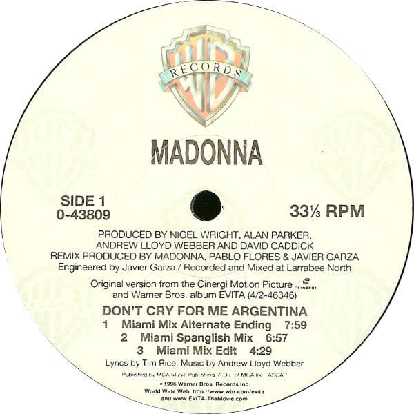 Madonna - Don't Cry For Me Argentina (12") Warner Bros. Records, Warner Bros. Records Vinyl 093624380900