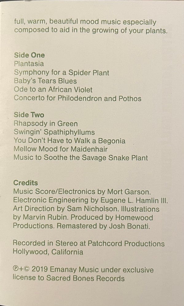 Mort Garson – Mother Earth's Plantasia (Cassette, Sacred Bones Records, 2022) Image 3