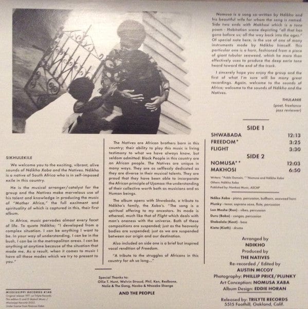 Ndikho Xaba And The Natives – Ndikho Xaba And The Natives (LP, Mississippi Records, 2022) Back Cover