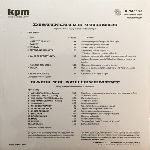 Nick Ingman - Distinctive Themes / Race To Achievement (LP) Be With Records Vinyl 4260544825927