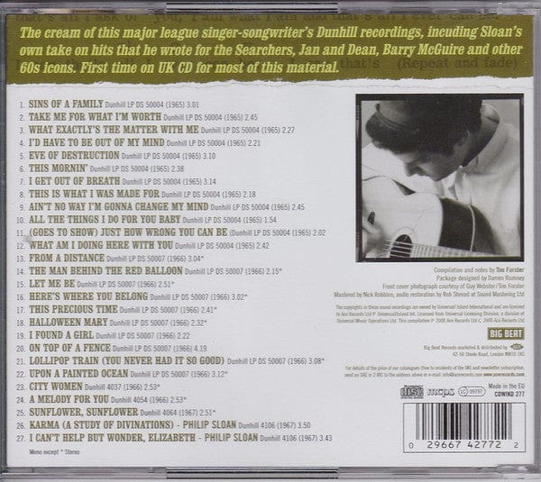 P F Sloan – Here's Where I Belong: The Best Of The Dunhill Years 1965-1967 (CD, Big Beat Records, 2008) Back Cover