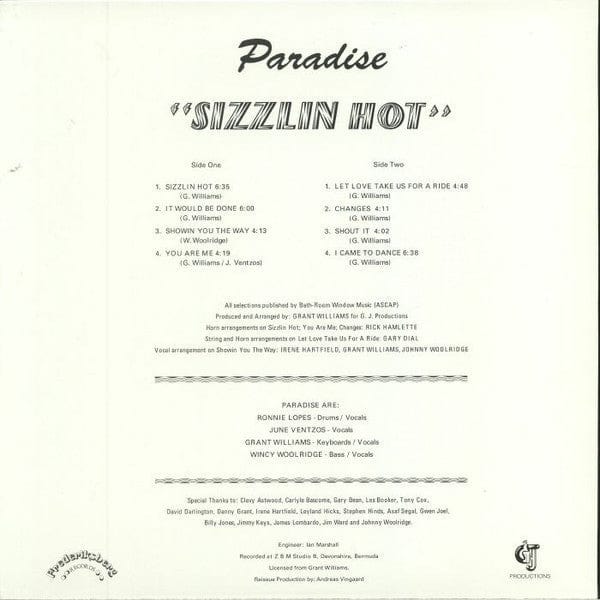 Paradise – Sizzlin Hot (LP, Frederiksberg Records, 2017) Back Cover