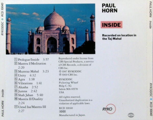 Paul Horn - Inside (CD) Rykodisc CD