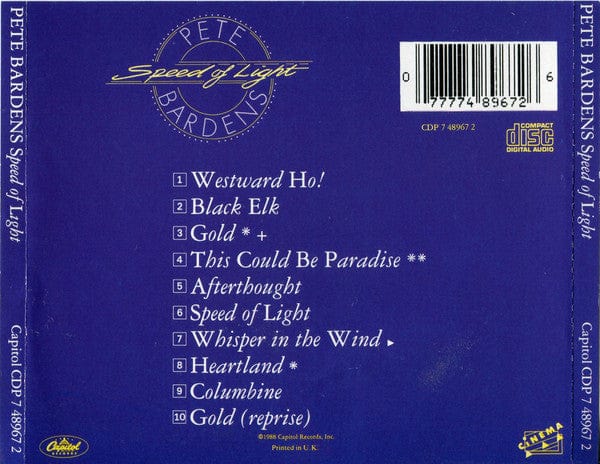 Pete Bardens – Speed Of Light (CD, Capitol Records, 1988) Back Cover