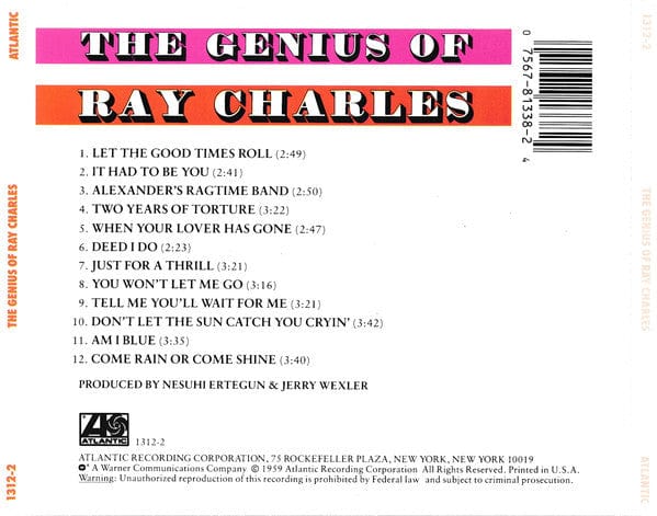 Ray Charles - The Genius Of Ray Charles (CD) Atlantic CD 075678133824