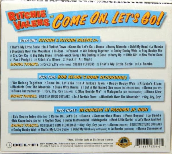 Ritchie Valens – Come On, Let's Go! (3xCD+Box Set, Del-Fi Records, 1998) Back Cover