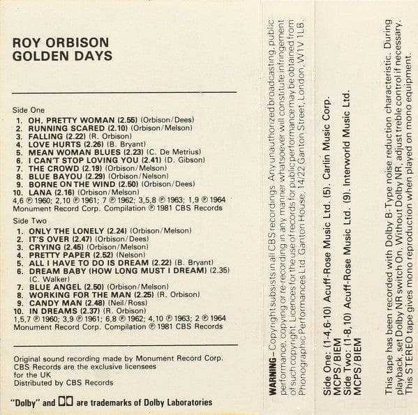 Roy Orbison - Golden Days (The Collection Of 20 All-Time Greats) (Cassette) Monument Cassette