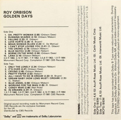 Roy Orbison - Golden Days (The Collection Of 20 All-Time Greats) (Cassette) Monument Cassette