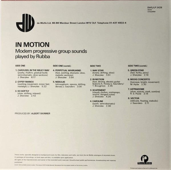Rubba - In Motion: Modern Progressive Group Sounds Played By Rubba (LP) Farfalla Records (2),Music De Wolfe Vinyl