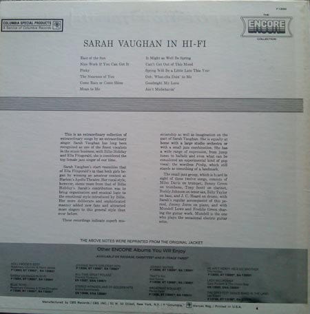 Sarah Vaughan - Sarah Vaughan In Hi-Fi on CSP at Further Records