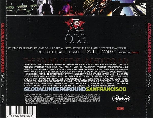Sasha - Global Underground 003: Sasha - San Francisco (2xCD) Thrive Records CD 651249051027