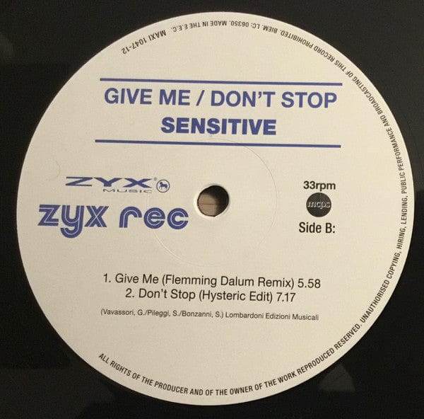 Sensitive (2) - Give Me / Don‘t Stop (12") ZYX Music Vinyl 194111005440