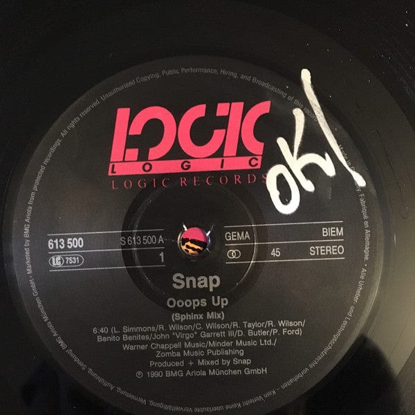Snap! - Ooops Up (Sphinx Mix) + (The Double Trouble Mix) (12") Logic Records, Logic Records Vinyl 4007196135000
