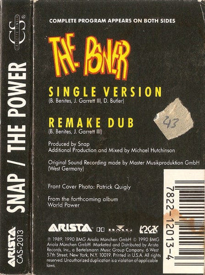 Snap! - The Power (Cassette) Arista, Arista Cassette 7822120134