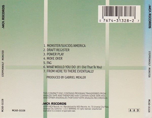 Steppenwolf – Monster (CD, MCA Records) Back Cover