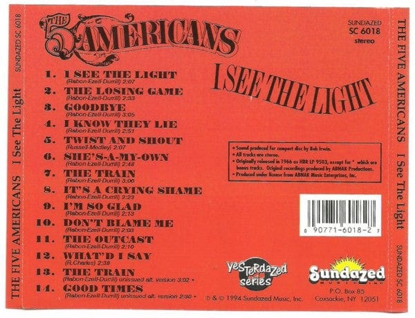 The 5 Americans* - I See The Light (CD) Sundazed Music CD 090771601827