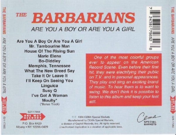 The Barbarians - Are You A Boy Or Are You A Girl (CD) One Way Records (6) CD 724381796528